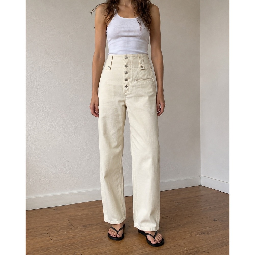 Isabel Marant Narlena Trousers Jeans Ecru Cotton High Rise Button Fly 42 US 10 L